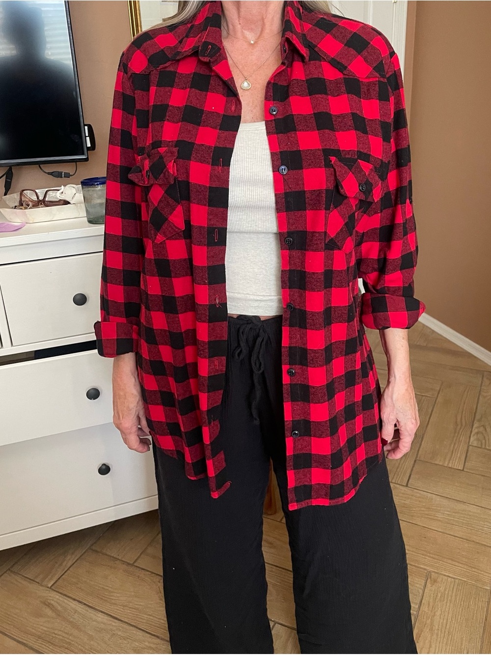 Women's Red and Black Buffalo Plaid Flannel Button-Down Shirt